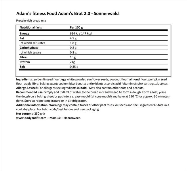 Adam's High Protein Gluten Free Bread Nutritional Information 1