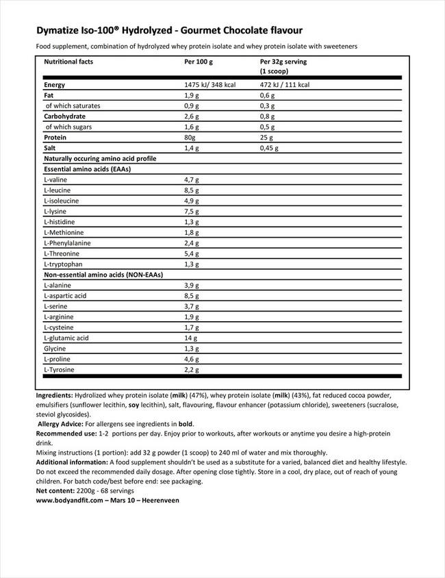 Iso-100 Hydrolyzed Nutritional Information 1