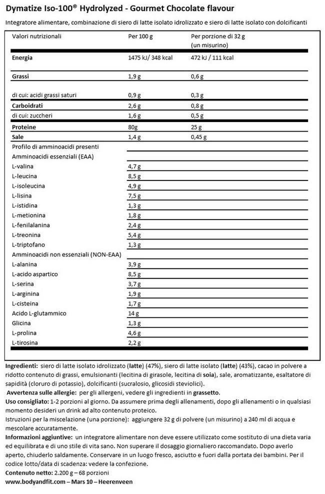 ISO-100 Hydrolysed Nutritional Information 1