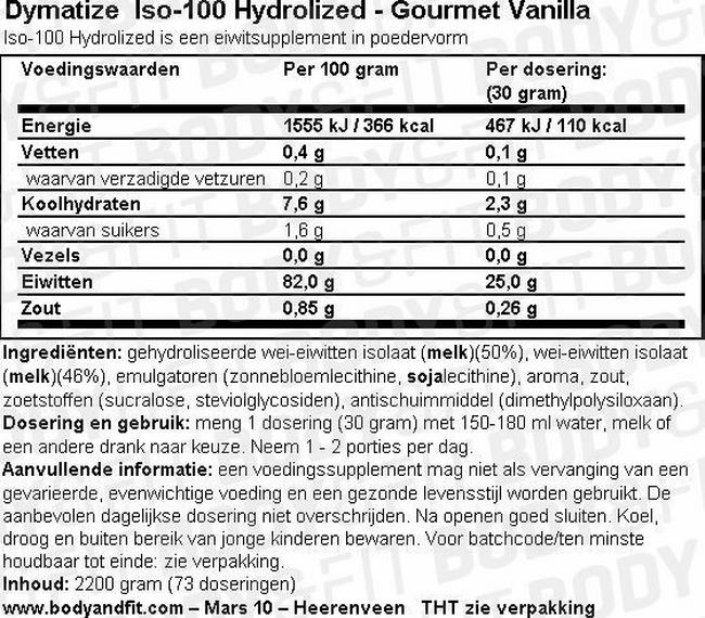 Iso-100 Hydrolyzed Nutritional Information 1