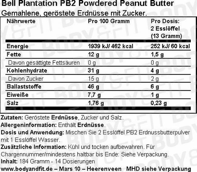 Erdnussbutterpulver PB2 Nutritional Information 1
