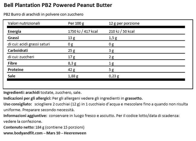 Polvere di Burro di Arachidi PB2 Nutritional Information 1