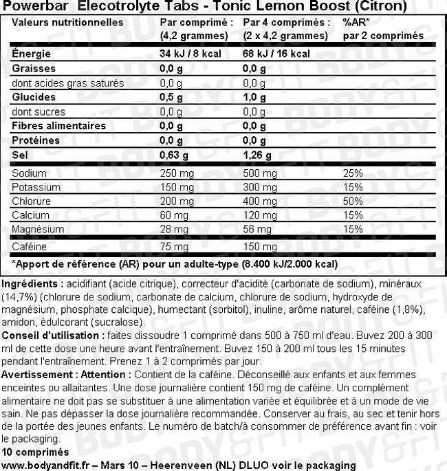 Comprimés aux électrolytes Electrolyte Tabs Nutritional Information 1