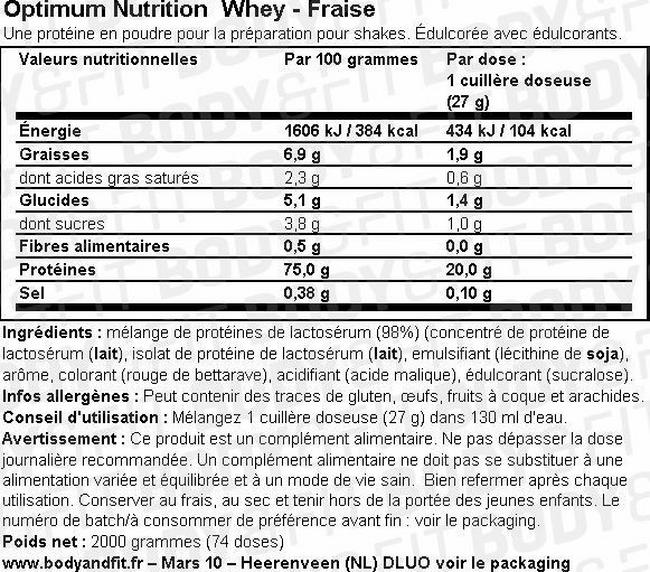 Poudre de lactosérum Optimum Nutrition Whey Nutritional Information 1