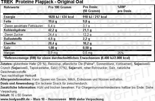 Trek Protein Flapjacks Nutritional Information 1