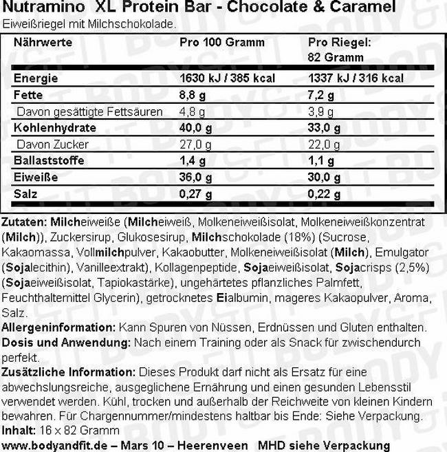 XL Protein Bar (16X82g) Nutritional Information 1
