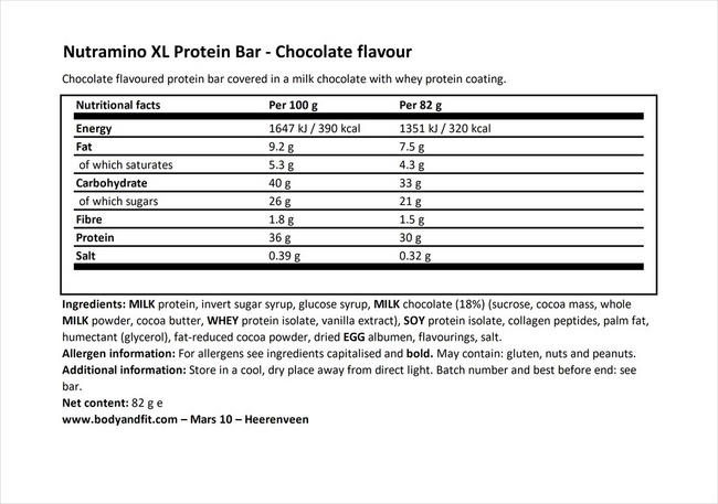 XL Protein Bar Nutritional Information 1