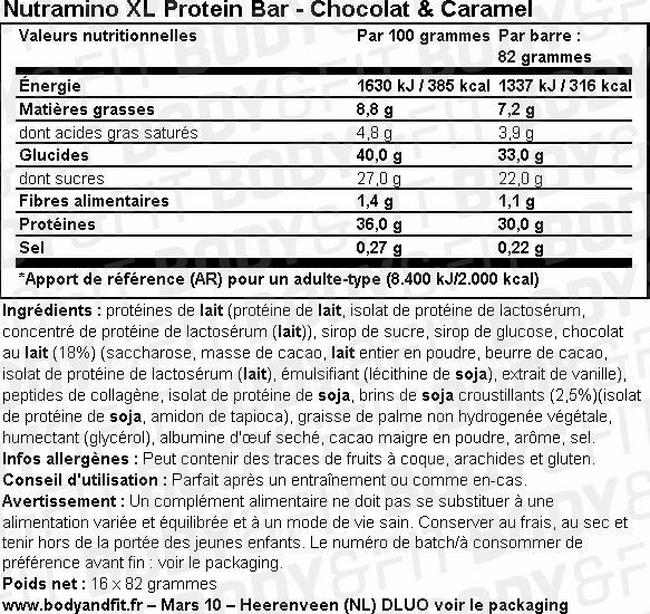 Barre protéinée XL Protein Bar Nutritional Information 1