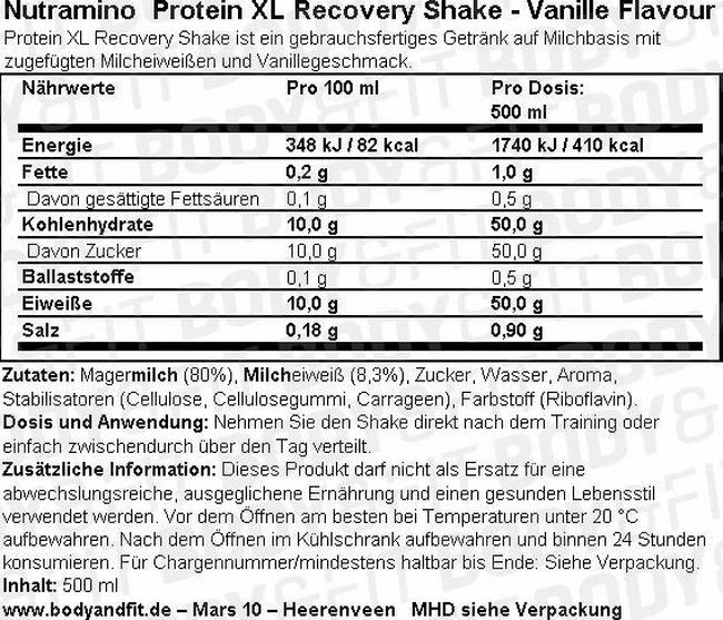 Protein XL Recovery Shake Nutritional Information 1