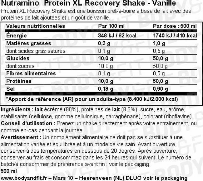 Protein XL Recovery Shake Nutritional Information 1