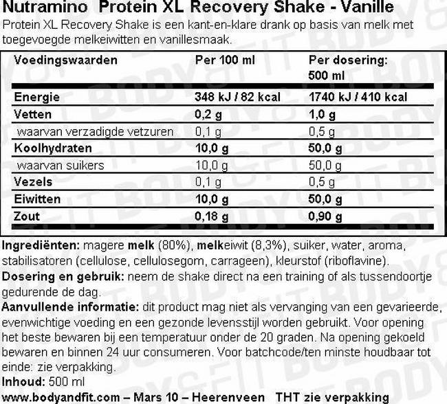 Protein XL Recovery Shake Nutritional Information 1