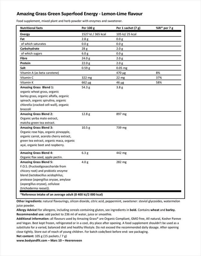 Green Superfood Energy Nutritional Information 1