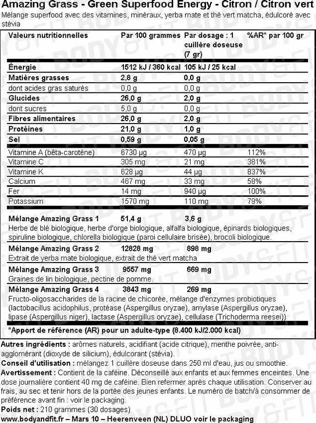 Formule Green Superfood Energy Nutritional Information 1