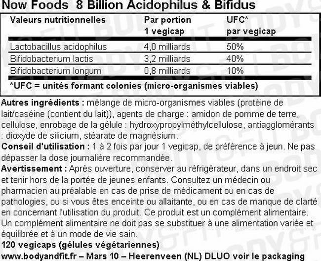 Gélules probiotiques végétaliennes 8 Billion Acidophilus Nutritional Information 1