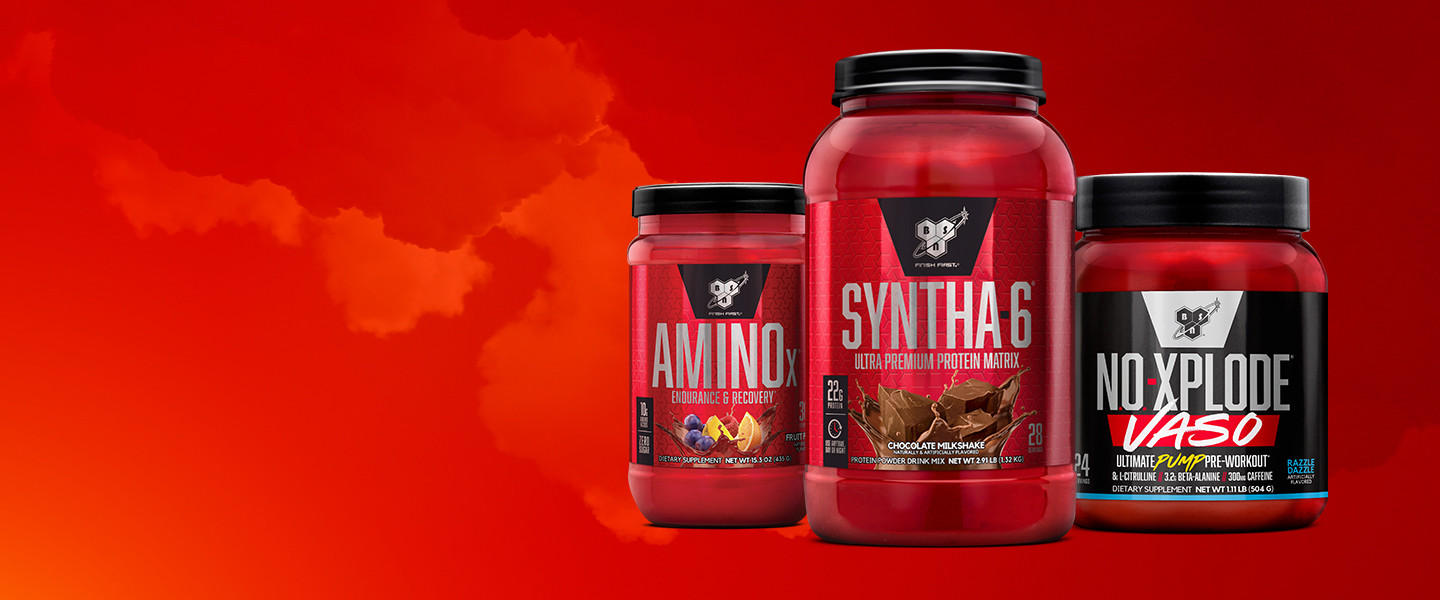 1 tub of aminox, 1 tub of syntha-6 and 1 tub of no-xplode vaso on a red background