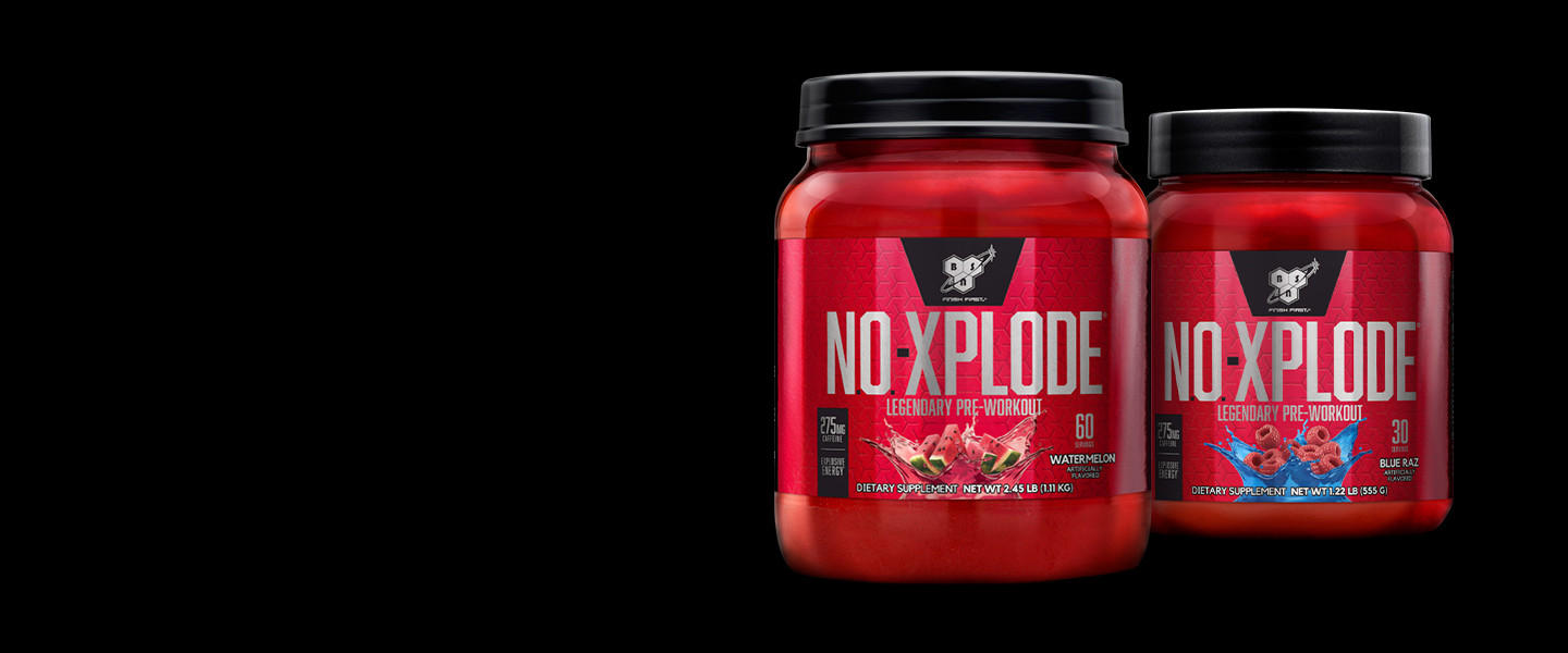 two tubs of no-xplode pre-workout on a plain black background