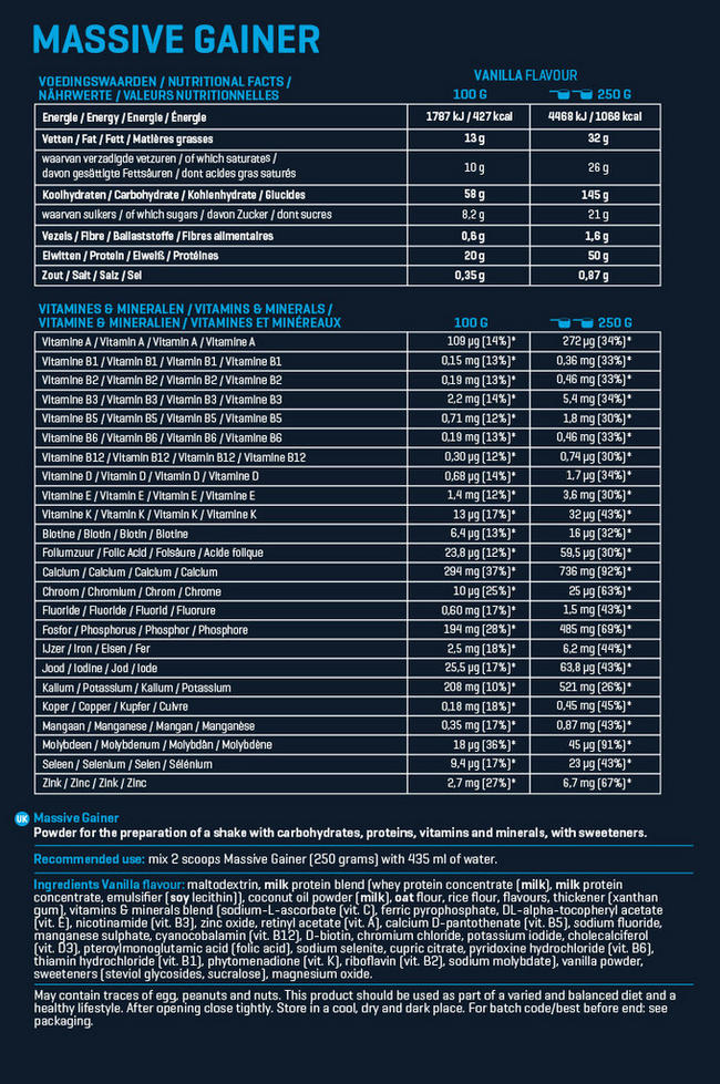 Massive Gainer Nutritional Information 1