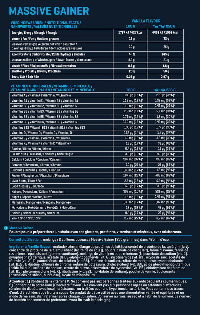 Massive Gainer Nutritional Information 1