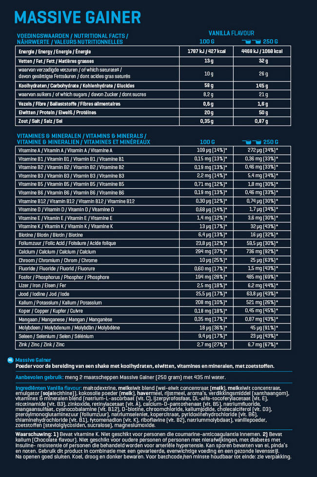 Massive Gainer Nutritional Information 1