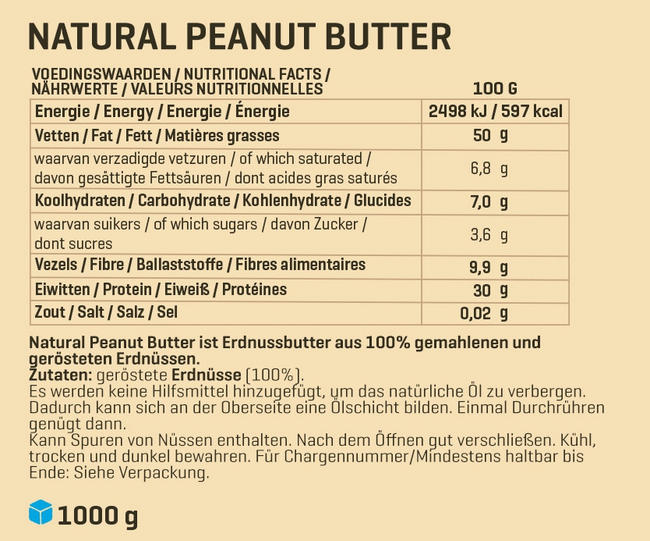 Natürliche Erdnussbutter 1kg Nutritional Information 1