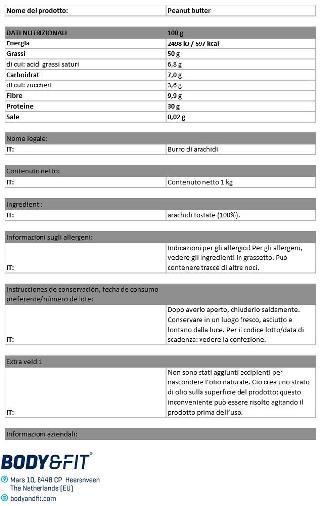 Burro d'Arachidi Natural 1 kg Nutritional Information 1