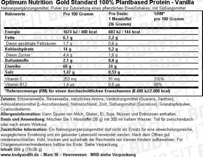 Gold Standard 100% Plant Protein Nutritional Information 1