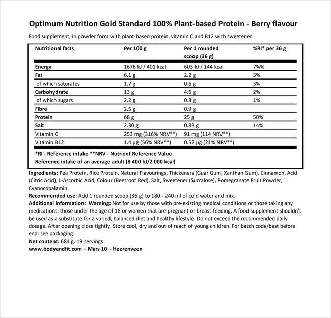 Gold Standard 100% Plant Based Protein Nutritional Information 1