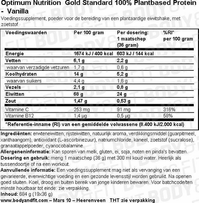 Gold Standard 100% Plant Based Protein Nutritional Information 1