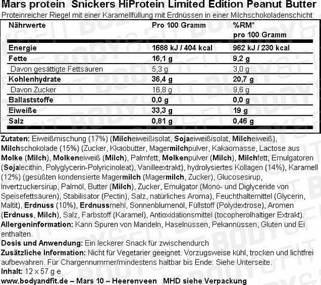 Snicker Hiprotein Erdnussbutter - Box (12X57g) Nutritional Information 1