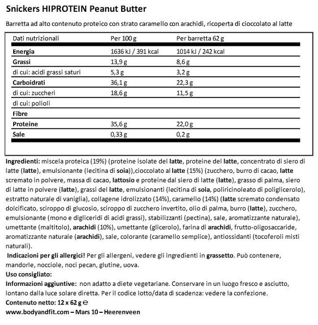 Snickers HiProtein Peanut Butter Nutritional Information 1