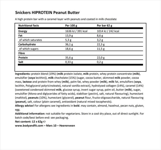 스니커즈 하이프로틴 땅콩버터 Nutritional Information 1