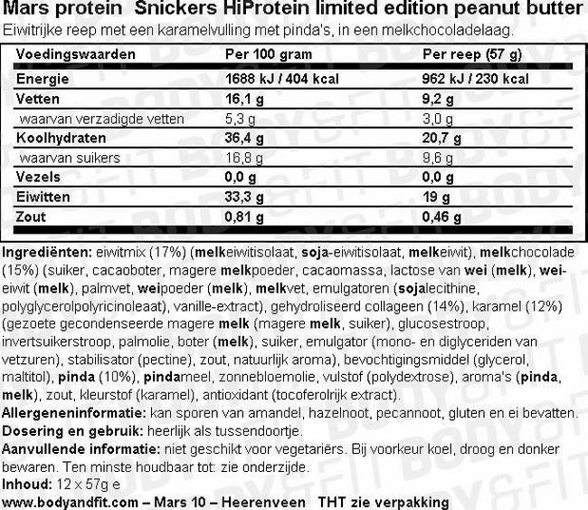 Snicker HiProtein Peanut Butter Nutritional Information 1