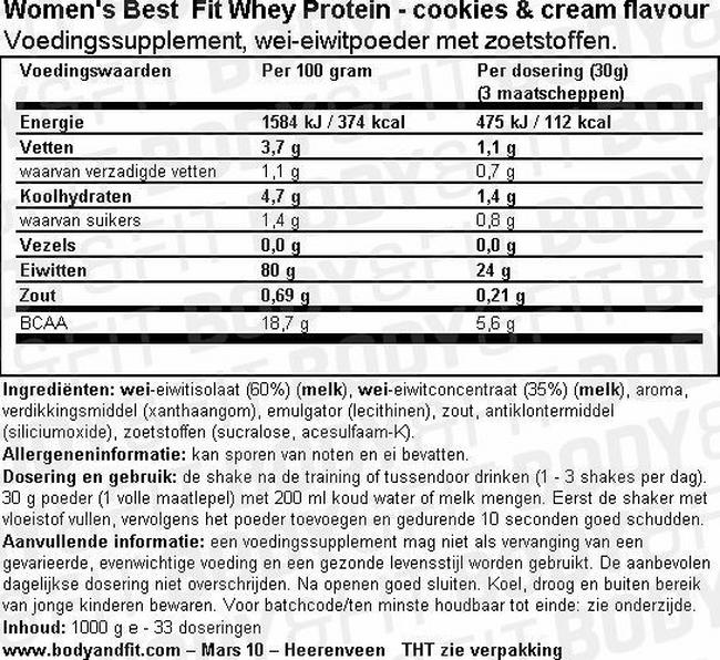 Fit Whey Protein Nutritional Information 1