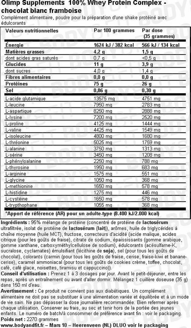 Mélange aux protéines de lactosérum 100% Whey Protein Complex Nutritional Information 1