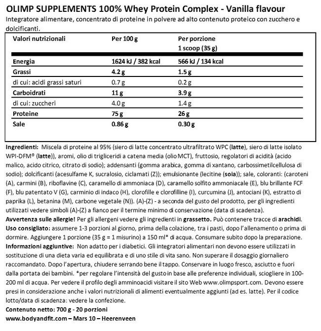100% Whey Protein Complex Nutritional Information 1