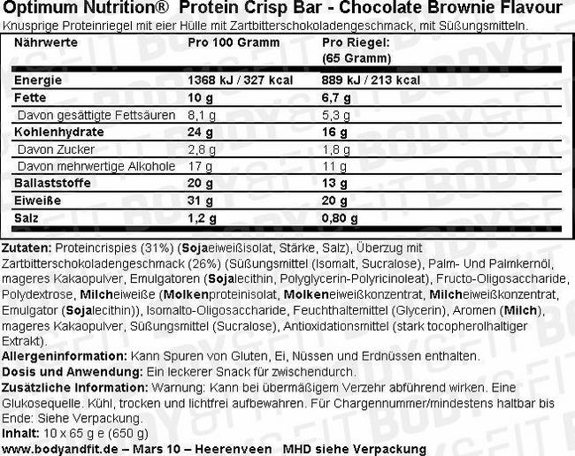 Protein Crisp Bar - Box (10X65g) Nutritional Information 1