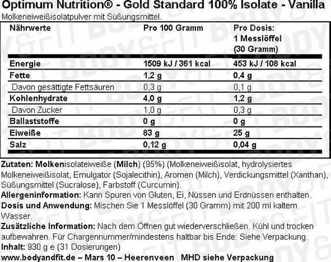 Gold Standard 100% Isolate Nutritional Information 1