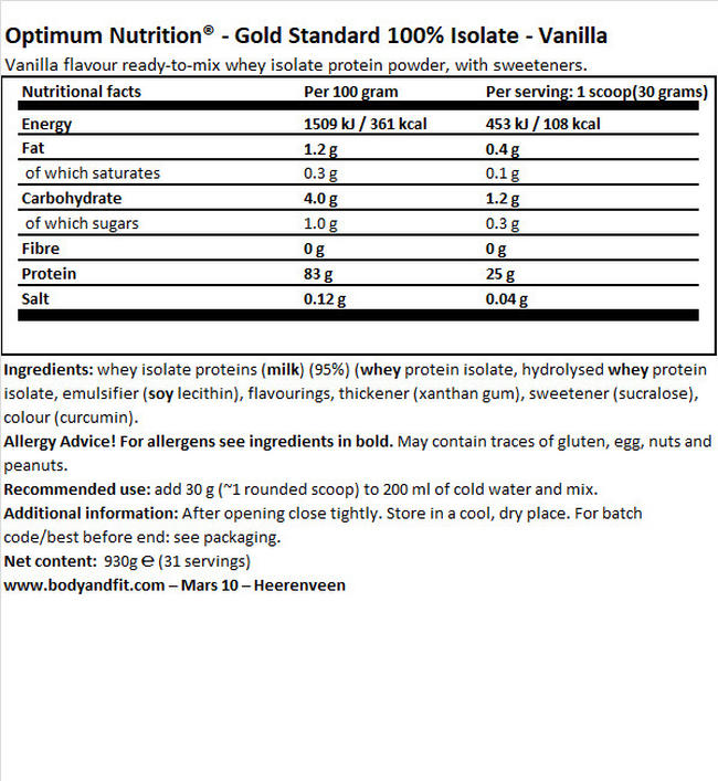 Gold Standard 100% Isolate Nutritional Information 1