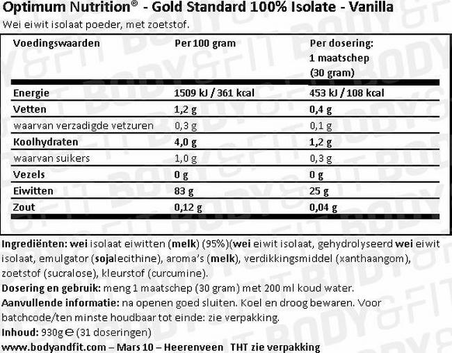 Gold Standard 100% Isolate Nutritional Information 1