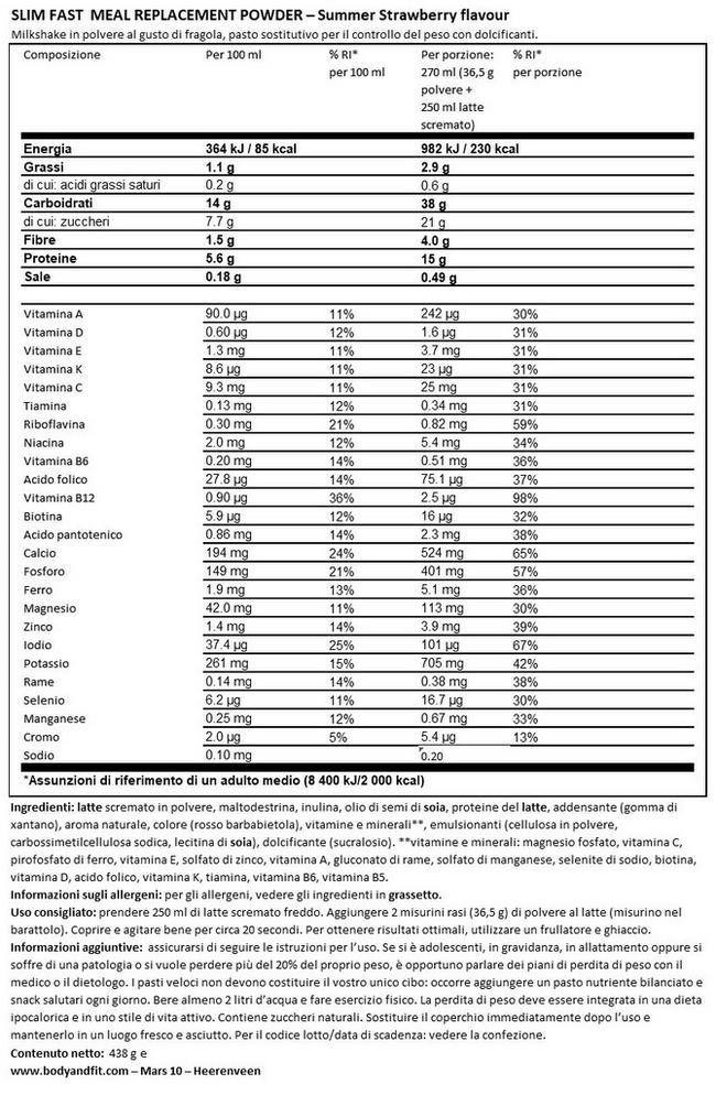 Sostitutivo Pasto in Polvere Slimfast Nutritional Information 1
