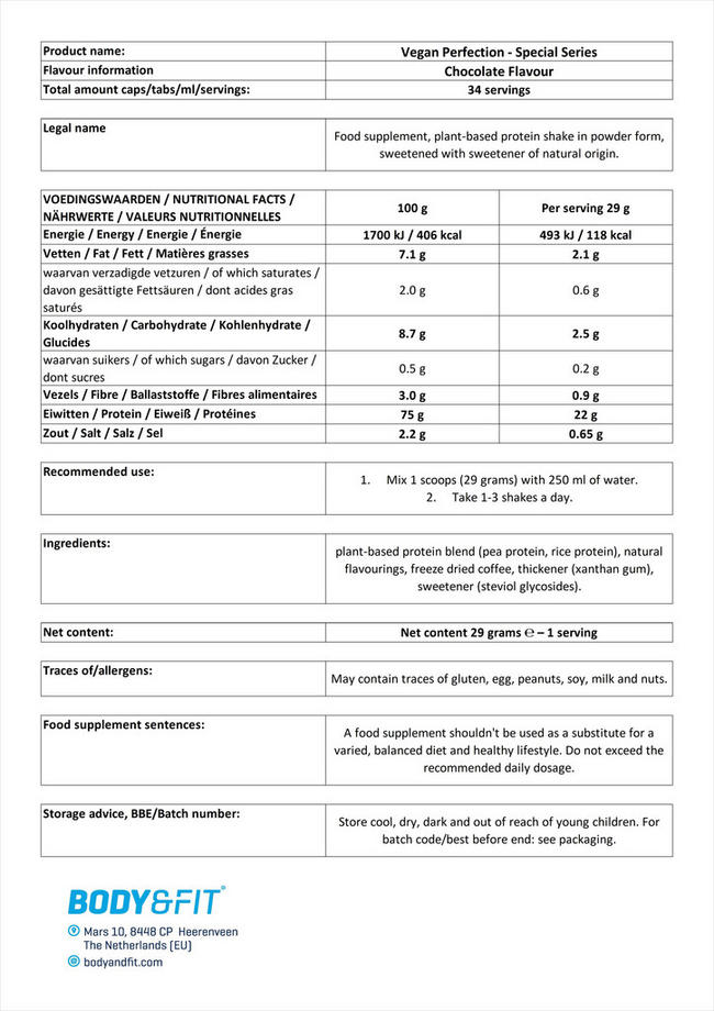 Vegan Perfection Special Series Nutritional Information 1