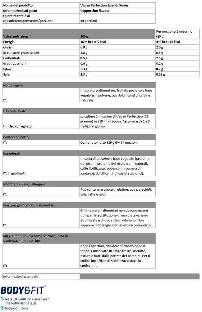 Vegan Perfection Special Series Nutritional Information 1