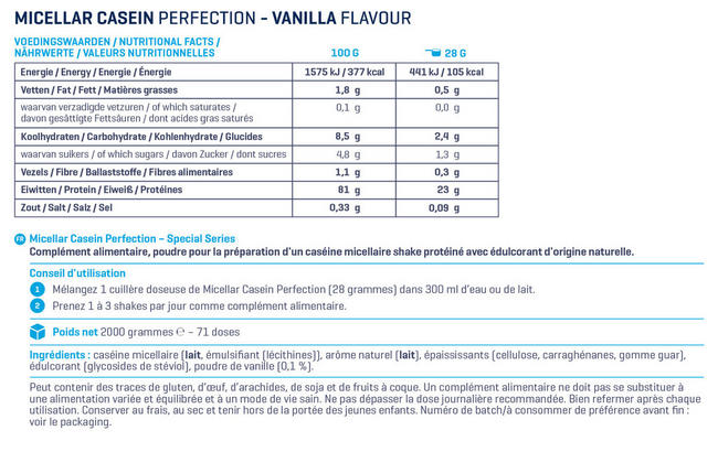 Micellar Casein Perfection Special Series Nutritional Information 1