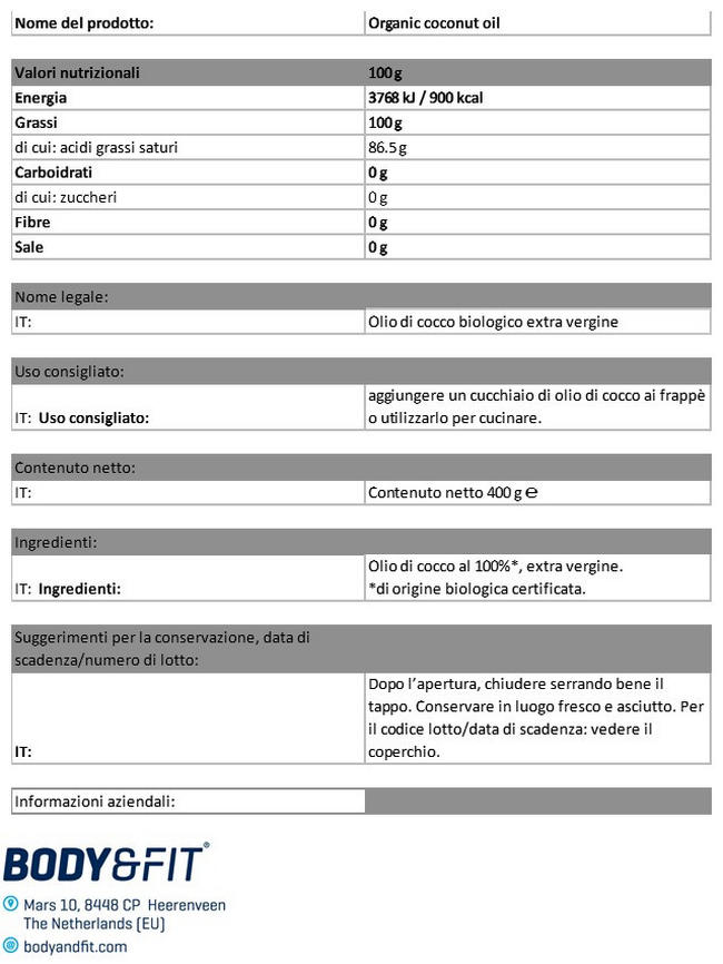 Olio di cocco biologico extra vergine Nutritional Information 1