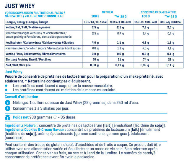 Protéines en poudre Just Whey Nutritional Information 1