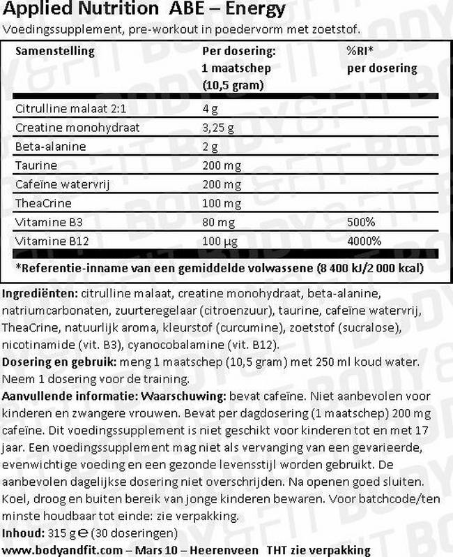 ABE Ultimate Pre-Workout Nutritional Information 1