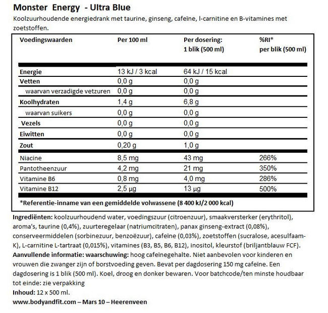Monster Energy Ultra Nutritional Information 1