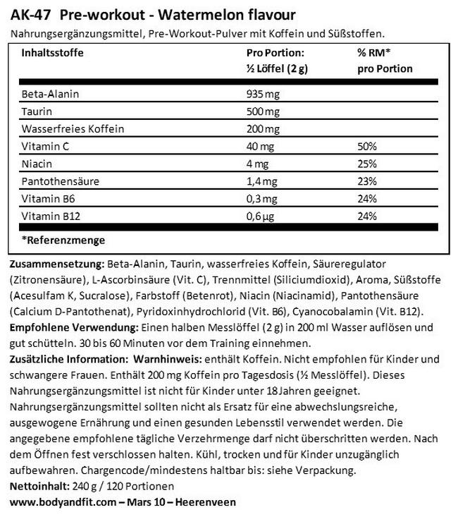 AK-47 Pre-Workout Nutritional Information 1