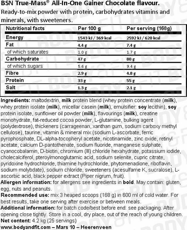 True Mass All-in-One Nutritional Information 1