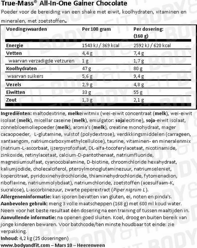 True Mass All-in-One Nutritional Information 1